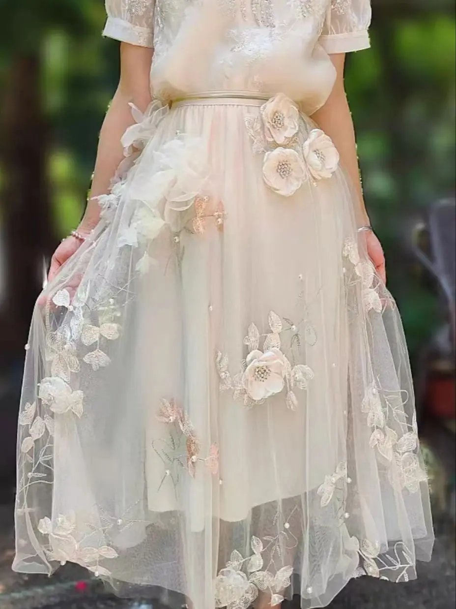 

High-end 3D Pearls Flowers Stitch Sweet Chic Embroidery Skirts Women's Spring Summer 2025 Mid-length Skirts Woman Faldas
