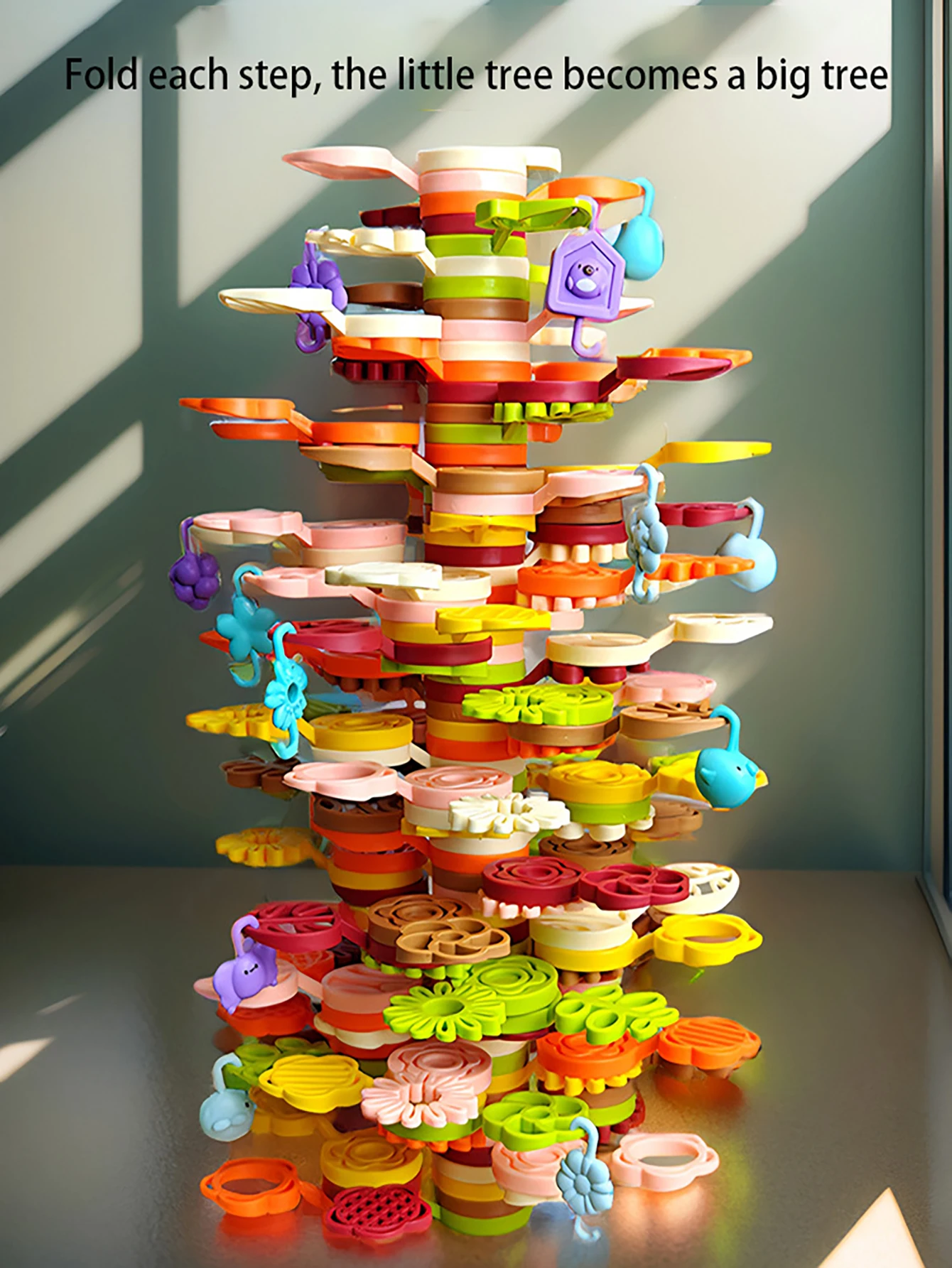 Stack Rainbow flower Tree Stack Blocks สําหรับชุดทําสวนที่มีสีสัน เกมสมดุล ของเล่น เกมก่อนวัยเรียน อาคารการศึกษาและของเล่น