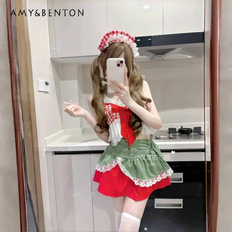 

2024 Japanese Autumn Winter Christmas Maid Outfit Cute Strawberry Pure Desire Sexy Neck Two-piece Cos Dress Skirt Suit For Women