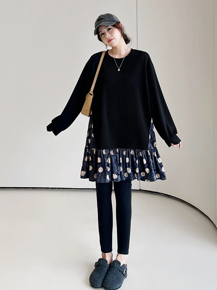 NYFS فساتين نسائية خريف شتاء فضفاض حجم كبير المرقعة المخملية نقطة هيم Elbise رداء نمط فستان كاجوال عصري #3