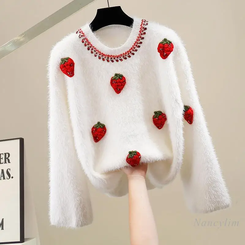 

European New Fashion Sweater Heavy Industry Beaded Red Rhinestone Mink Hair Three-dimensional Strawberry Sweater Pull Women