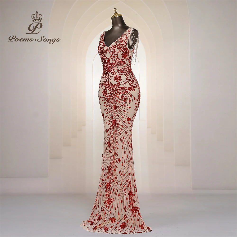 Sexy beaded sleeves Mermaid Evening Dresses For Women Prom Dresses Maxi dress Party dress Beautiful evening gowns