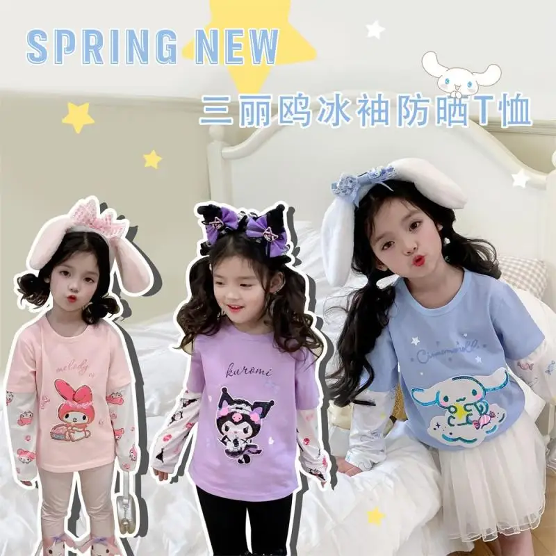 Anime sanios My Melody Kuromi Cartoon manica lunga t-shirt in cotone Kawaii Cinnamoroll ragazze moda protezione solare manica ghiaccio top nuovo