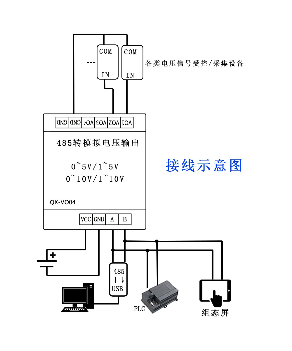 485 to Four-channel 0-10V - 5V Analog Voltage Signal Generation VOAO Output Module Modbus Rail Industrial