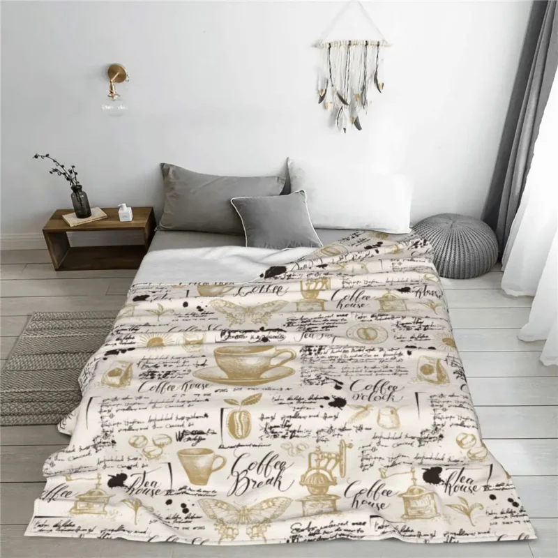 Retro Style Tea And Coffee Sketches Blankets Flannel Awesome Warm Throw Blanket for Coverlet Decoration