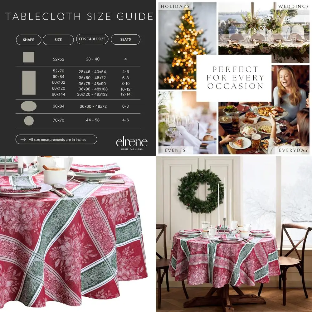 

Red and Green Plaid Poinsettia Holiday Tablecloth, 70 Round, Woven Jacquard Cotton