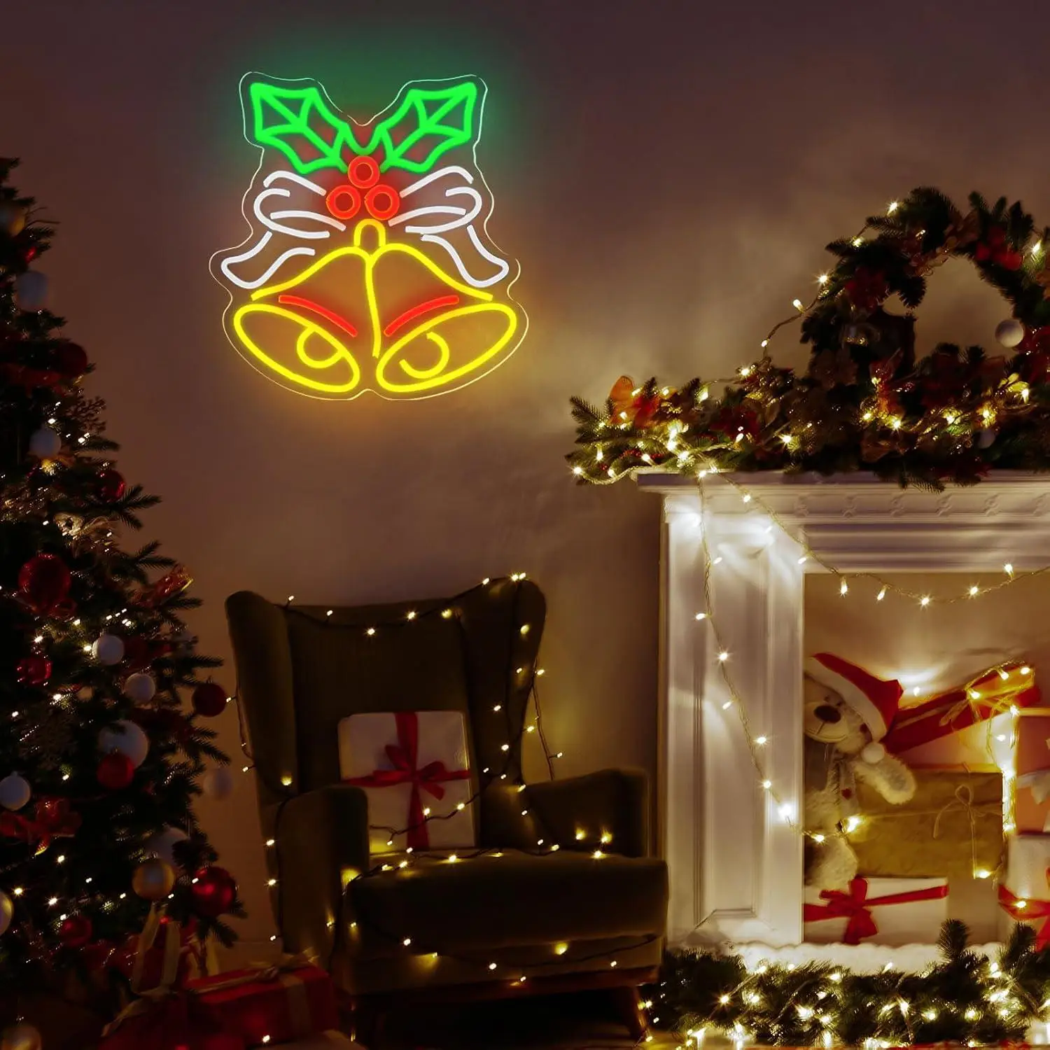 Christmas Bells With Holly Bow Neon Sign USB Dimmable LED Lights For Xmas Holiday Home Table Wall Indoor Room Decor Gifts