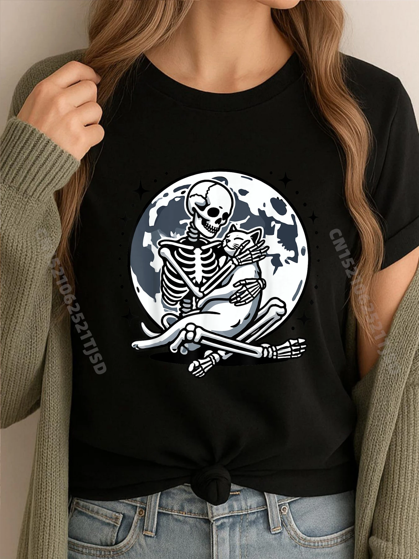 

Скелет кошки череп котенок милый готический костюм на Хэллоуин простая рубашка белая футболка женская