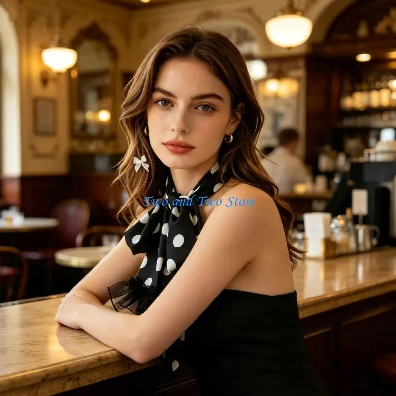 HX6F Elegant Dotted Scarf With Bowknot Decors For Women Office Wear And Daily Fashion Outfit Enhancement Accessory