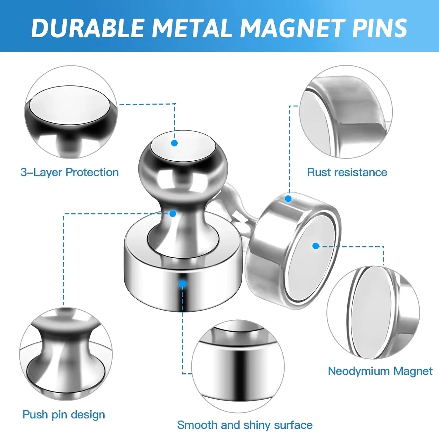 Metal Strong Magnetic Pushpins Neodymium Magnets Whiteboard Fridge Thumbtack Power Magnet Sheets Push Pins for Office School