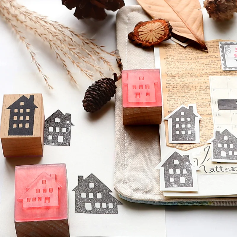 

New 5Pcs Winter street rubber stamp set, House & tree stamps, Hand carved stamp, Craft gift for kids DIY Scrapbook Photo Album