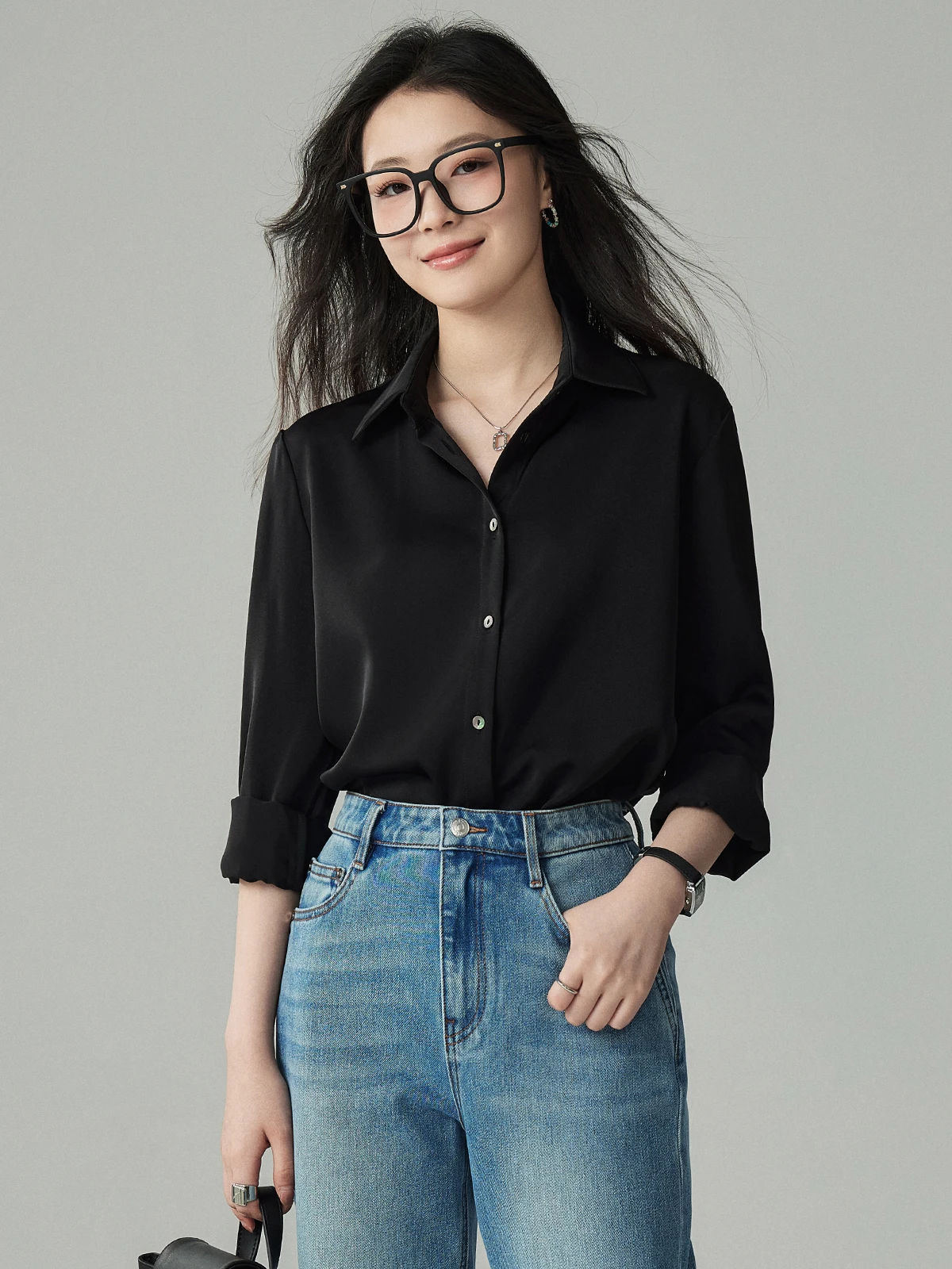 

Black Silk Long Sleeve Shirt Women's Spring Autumn Drapey Iron Free Professional Commuting Shirt AYOKA Home Version Upgrade 30