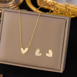 Stainless Steel Sweet Love Heart Pendant Necklace Earrings Jewelry Set For Women Girls Gold Color Chain Accessories Party Gifts