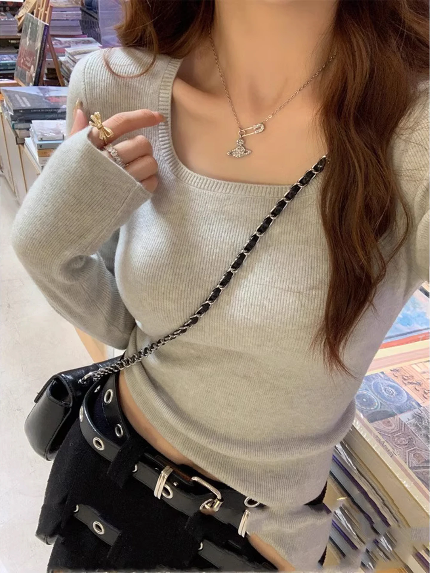 

ay Square Collar Long Sve Women's Base irt Autumn Winter Faionable Slim Fit Knitted Sweater Casual Sle Inner Wear