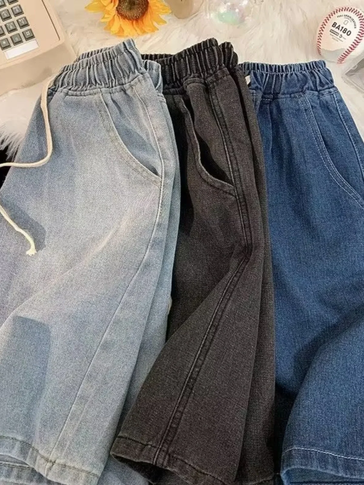 Summer High Waist Elastic Waist Denim orts Women's Loose Wide Leg Thin Five-Point Pants Straight Cut Slimming Effect