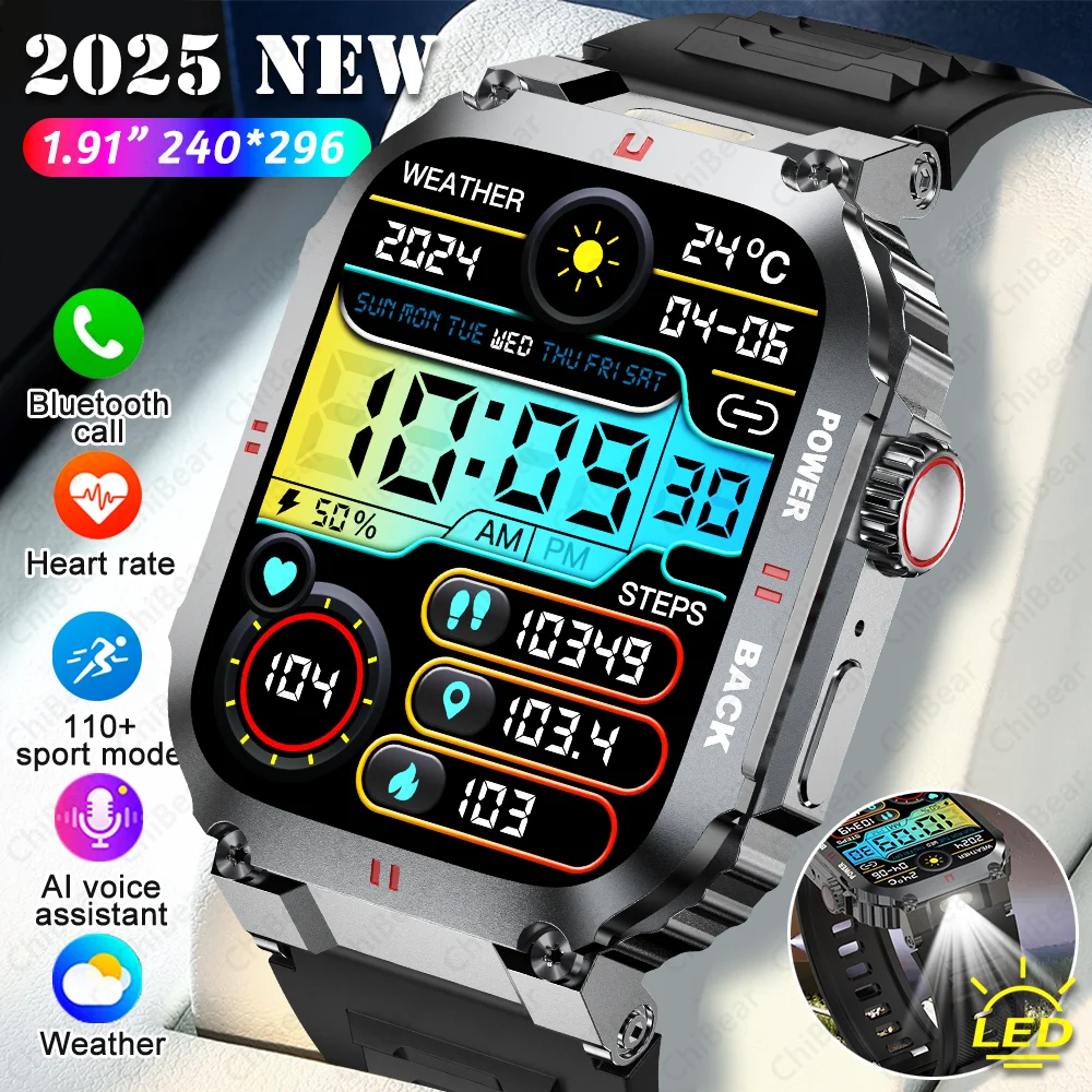 

2025 NEW Men's Outdoor Smartwatch Bluetooth Call 110+ Sport Mode Flashlight Heart Rate Fitness Waterproof Smart Watch For Huawei