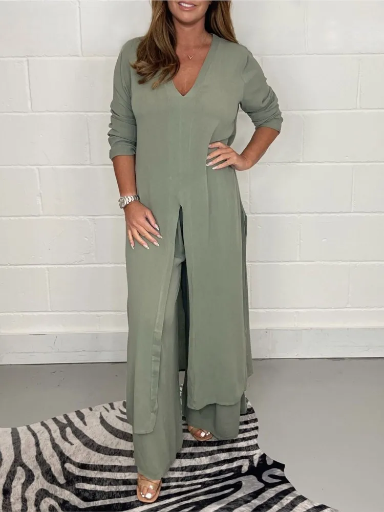 2023 Casual Two Piece Set For Women Solid Color V-neck Maxi Slit Tops And Loose Wide Leg Pant Sets Fashion Lady Suits Streetwear