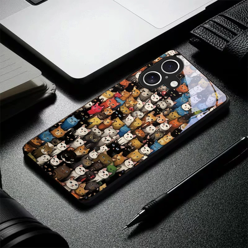 Whimsical Cat Crowd Black Glass Phone Case For iPhone 18 16 11 Pro 12 13 mini 14 15 Pro Max 16E 17 Air XsMax XR 8 7 Plus X Cover view 2