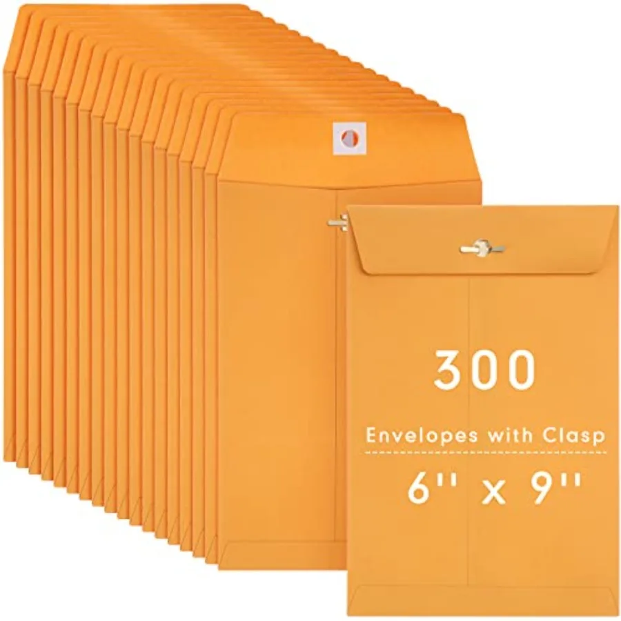 

300 Pcs 6 x 9 Manilla Envelopes Clasp Kraft Catalog Envelope with Clasps Closure for Storing Mailing 28 lb Kraft Paper for Offi