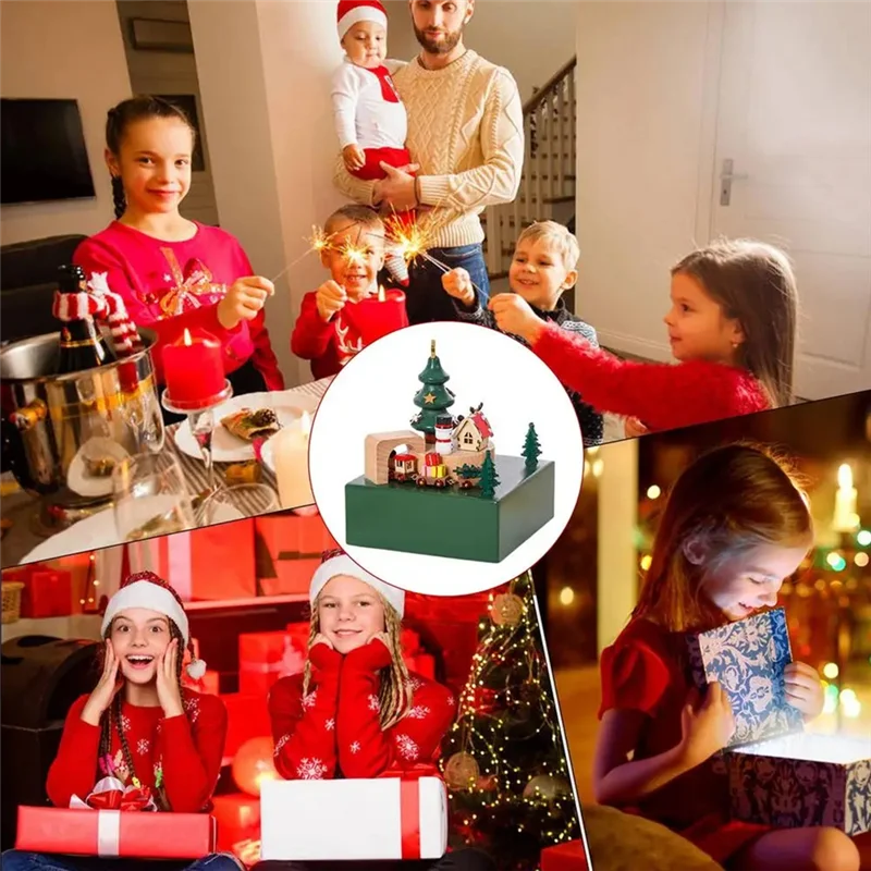 

A26F-деревянная музыкальная шкатулка с магнитным движущимся поездом, веселые рождественские украшения, домашние настольные дисплеи, коллекционные принадлежности