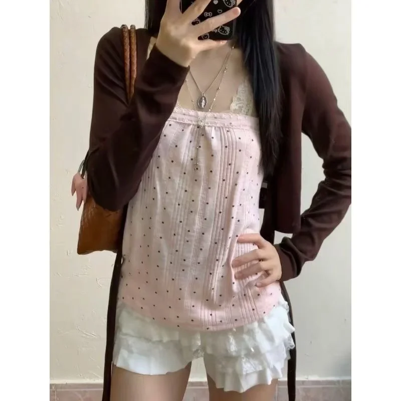 Harajuku Sweet Lovely 2 Piece Set Vintage Polka Dot Design Y2k Pink Tops + Brown Cardigan Japanese Chic Kawai Outfits Summer Ins