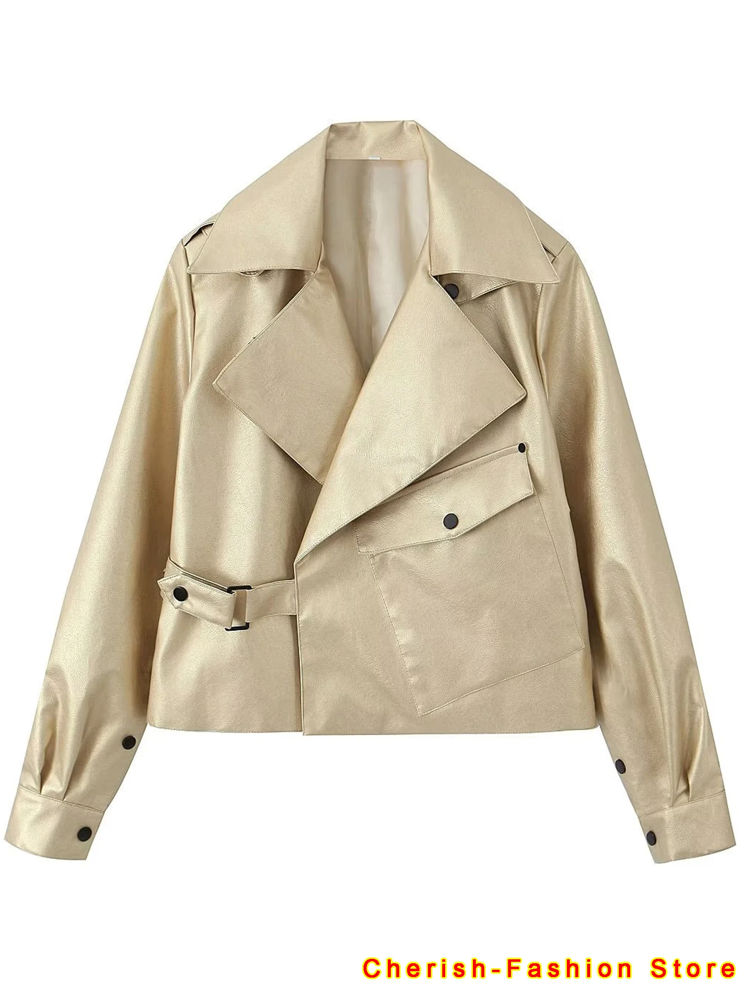 Giacca da moto in finta pelle da donna Chic Gold elegante cappotto in PU a maniche lunghe con risvolto allentato 2023 autunno Lady Fashion soprabito