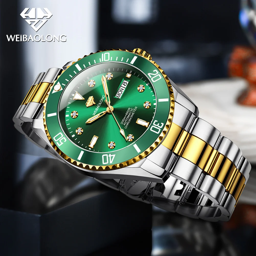 WEIBAOLONG Top Luxury Brand Mens Watch Diving Automatic Mechanical Watch 200M Waterproof Calendar Watches for Man Real Diamonds