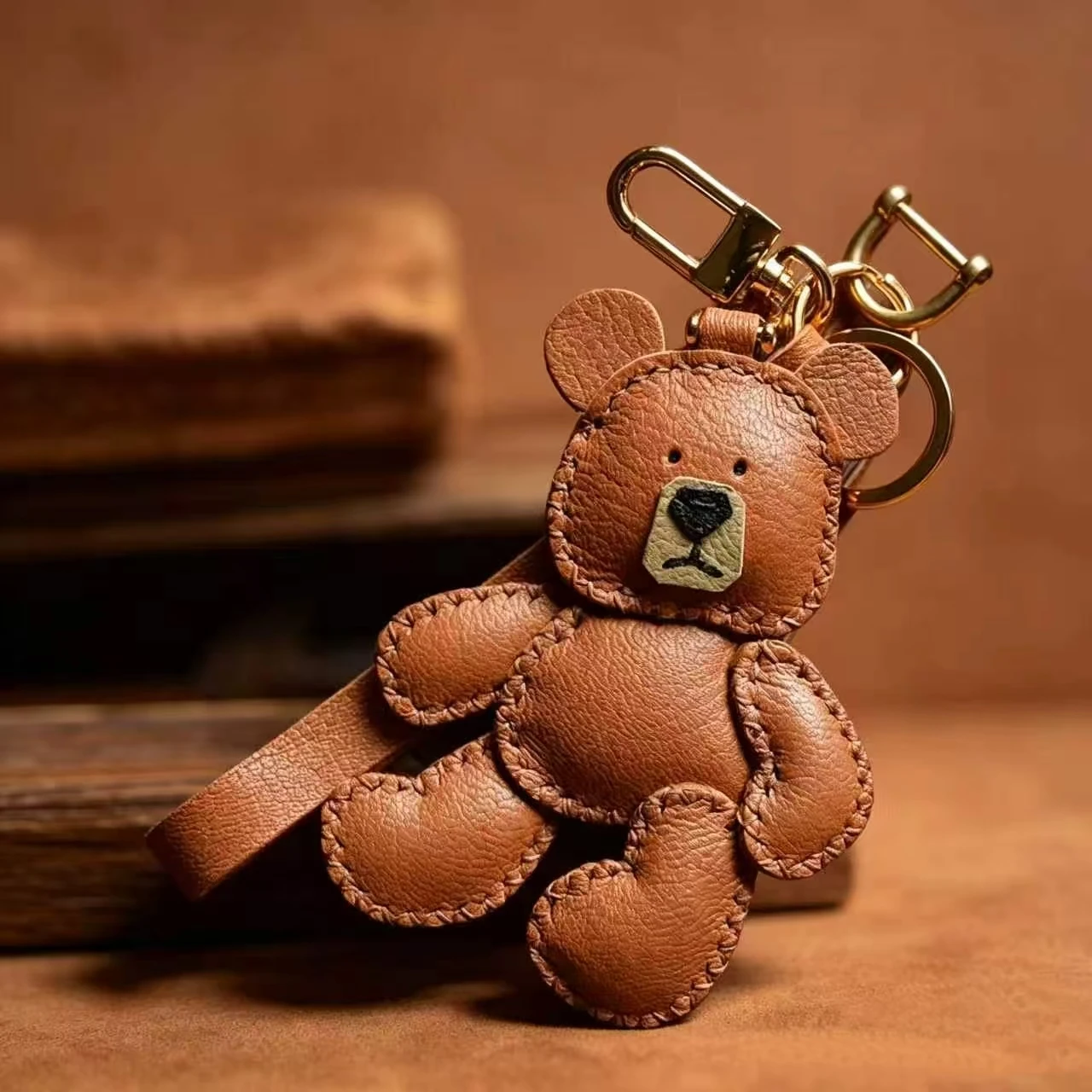 Genuine Leather Car Key Case Charm Handmade Teddy Bear Cloth Doll Personalized Custom Gift for Women Birthday Anniversary