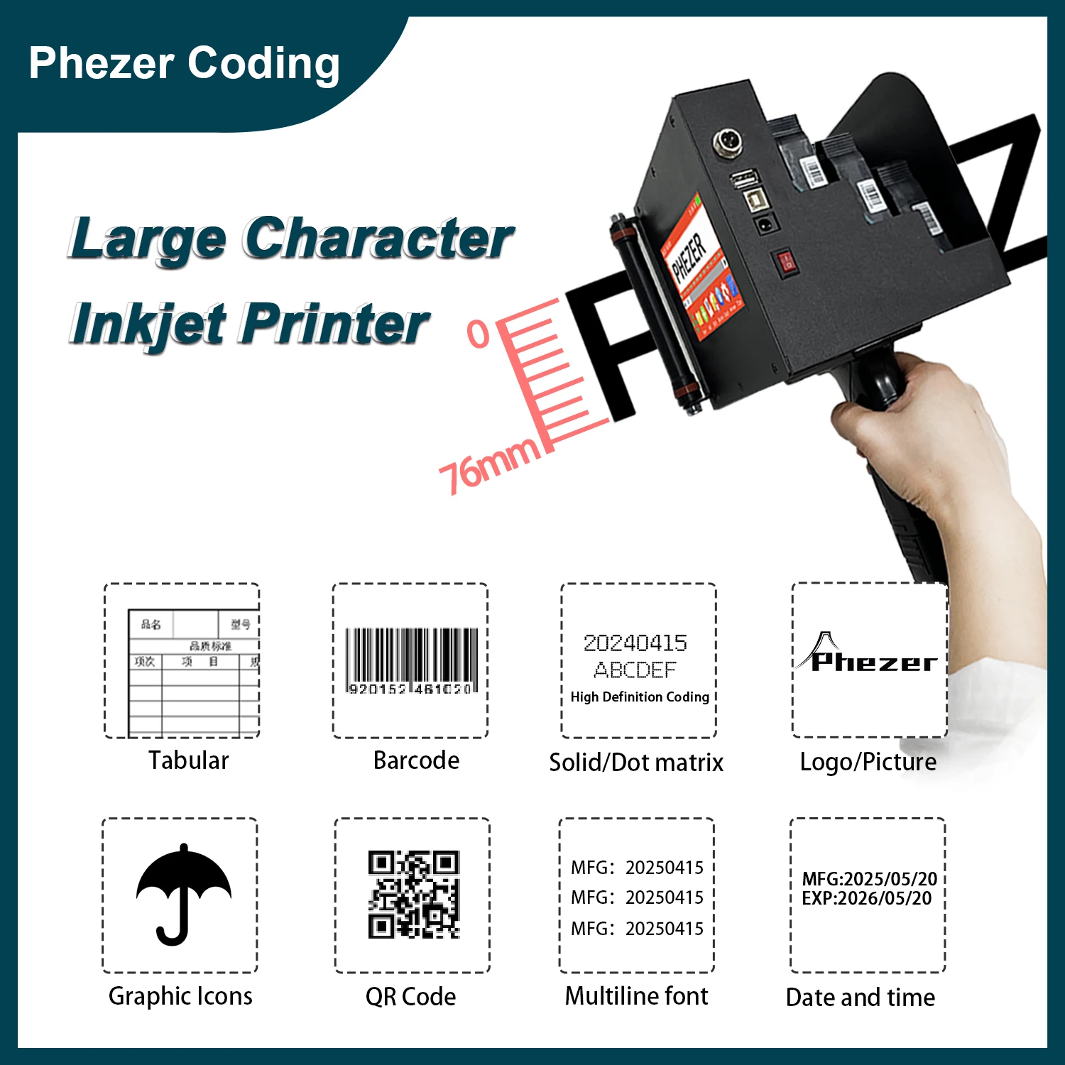 

Ручной струйный принтер Phezer P60, 76 мм, 28 языков, портативный принтер этикеток, QR-бар, код партии, дата, номер, логотип, дата истечения срока годности