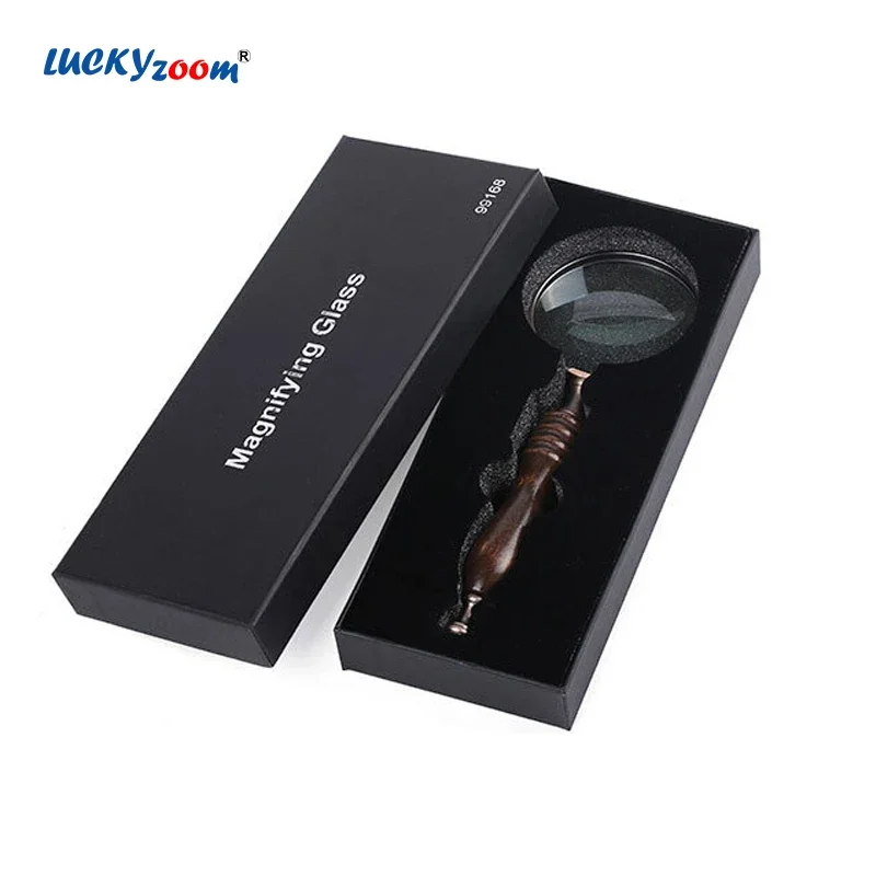 Classic 10X Reading Magnifier Metal Handheld Magnifying Glass Wooden Handle Jewelry Loupe Black Color Box Gift 72MM Retro Lupe