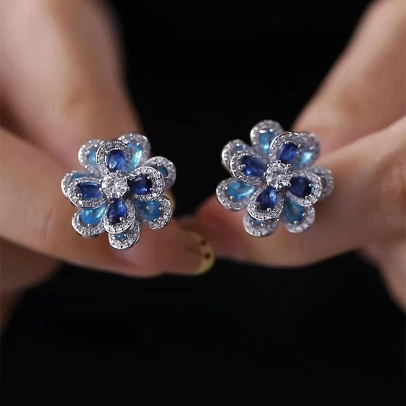 2026 New Arrival Exquisite Temperament Blue Three-dimensional Flower Stud Earrings For Women Fashion Sweet Crystal Jewelry Gifts