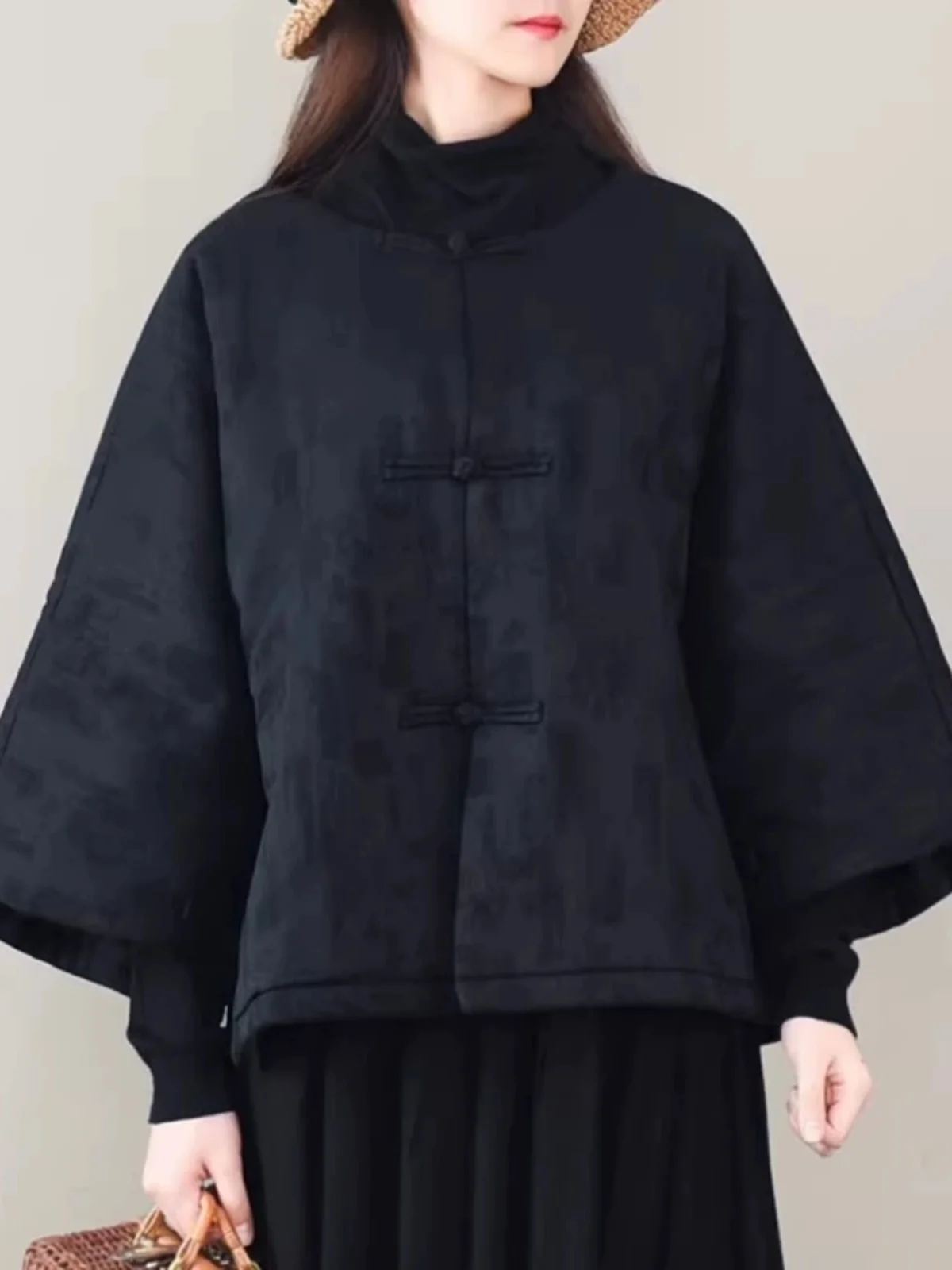 

Women's ort Cotton Jaet Autumn Winter Vintage Embroidered Warm Coat round Ne Single Button Batwing Sve Thiened Cotton