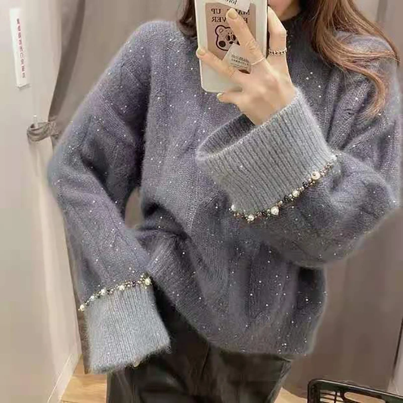 Chic Sequin Beading Sweater Women 2024 Autumn Winter New O-Neck Long Sleeves Warm Knitted Pullover Gentle Elegant Female Tops