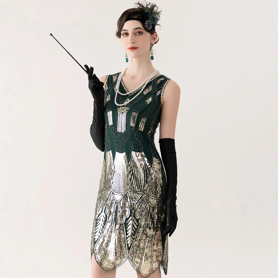 

Hot Sale Sexy Sequins Dress Vintage 1920s Summer V-Neck Beaded Cocktail Party Short Evening Dress Christmas Banquet Bar Costume