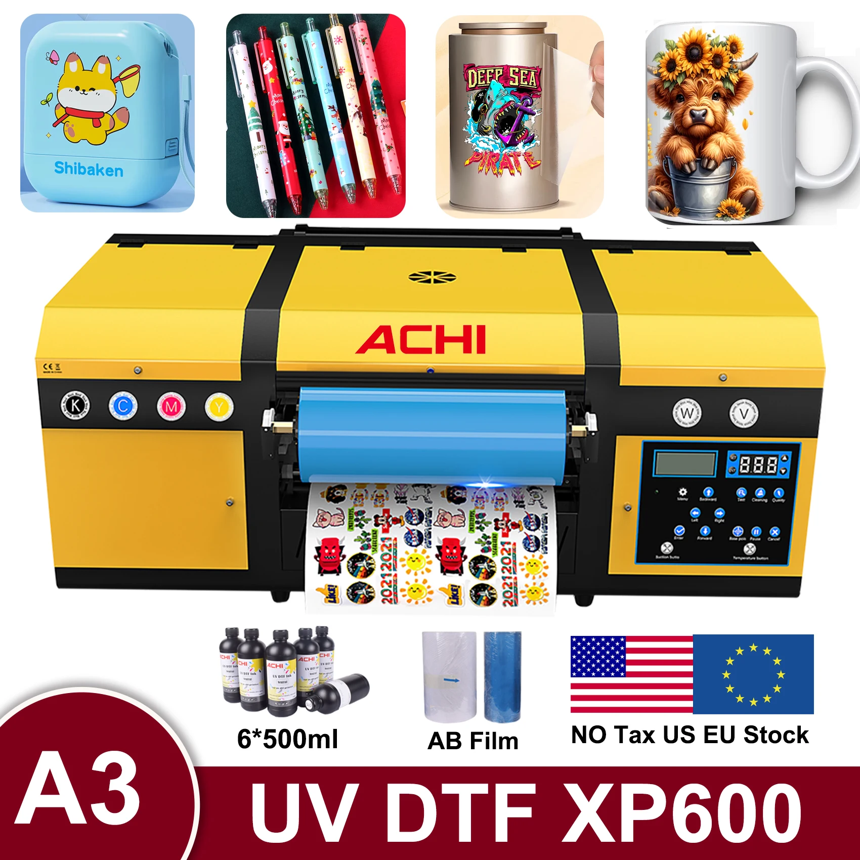 ACHI A3 UV DTF 프린터 2 in 1 XP600 스티커 프린터 머그 캡용 전송 스티커 목재 유리 UV 평판 DTF 인쇄 기계