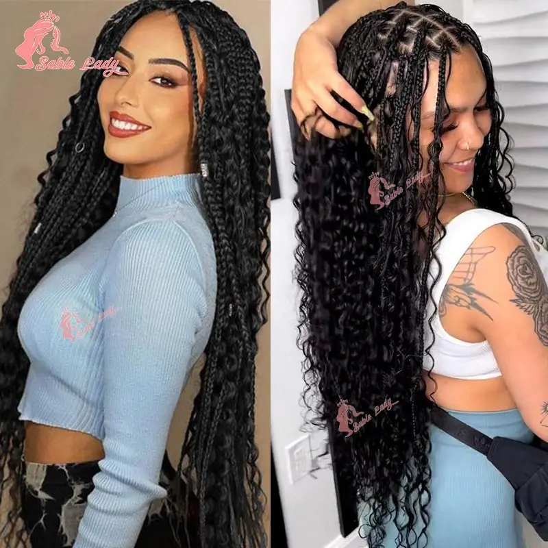 Boho Box Braided Wigs Curly Hair Synthetic Bohemian Full Lace Front Wigs for Black Women Goddess Faux Locs Braids Lace Wig