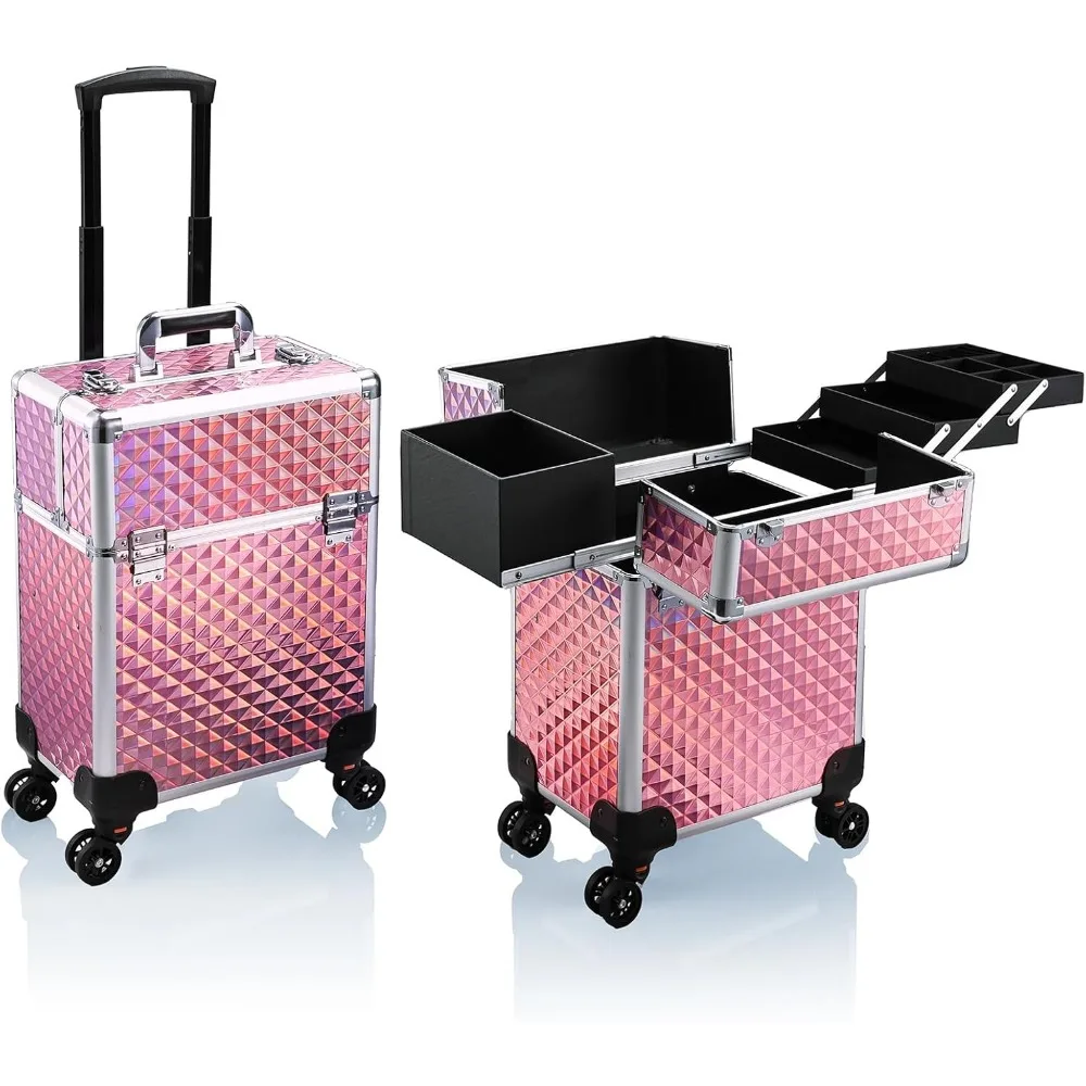 Large Rolling Makeup Train Case with 4 Trays, Sliding Rail, Removable Layer, Key Lock & Swivel Wheels for Salon Travel