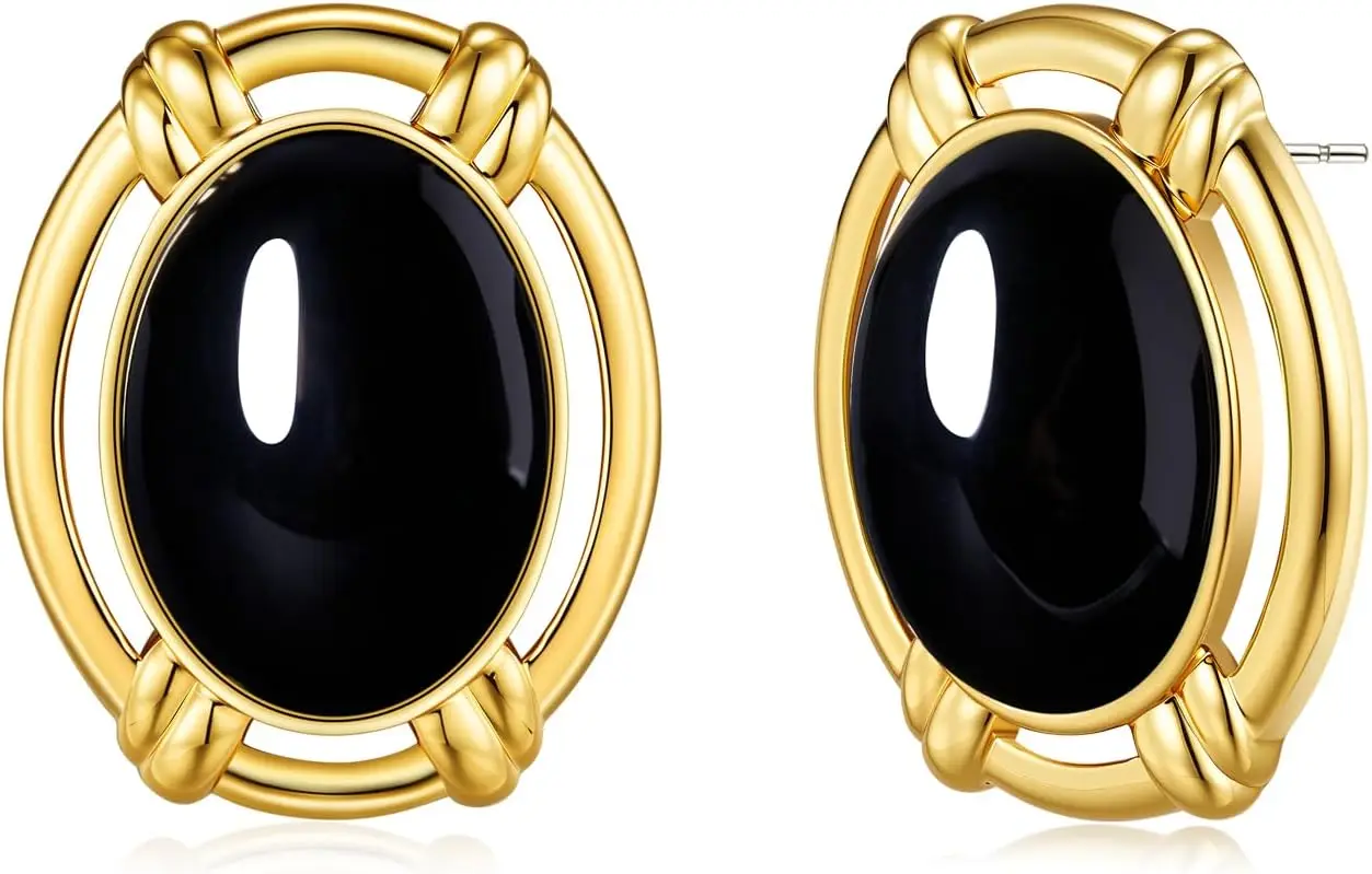

Large Oval Tiger Eye Statement Earrings 18K Gold Plated Chunky Dome Half Ball Summer Beach Bohemian Jewelry Gift