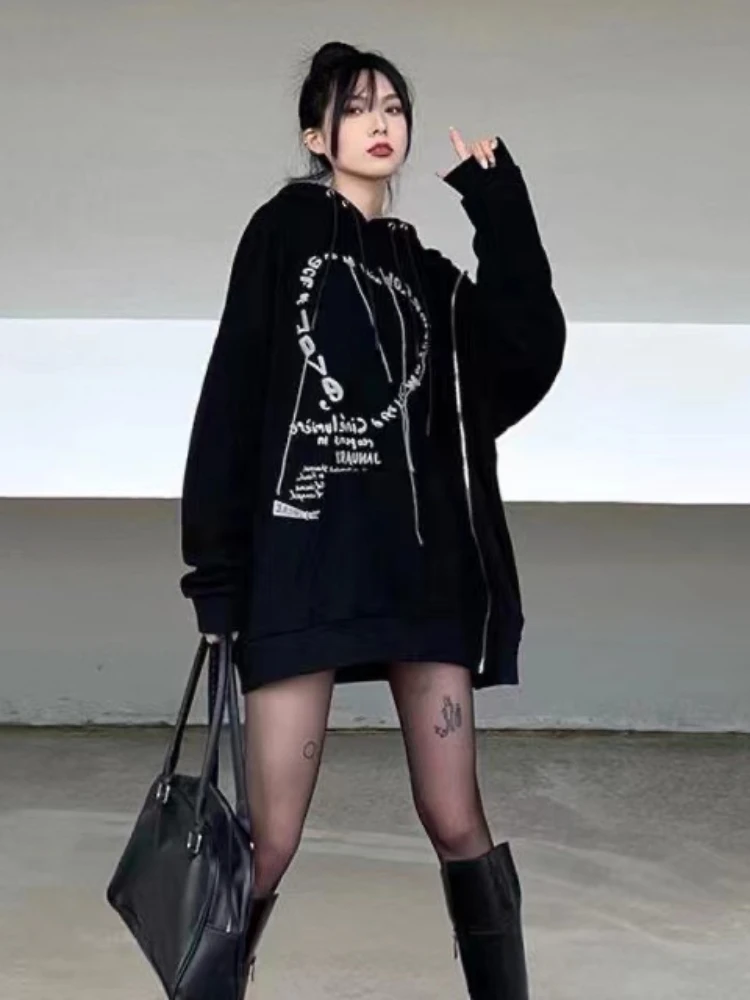 Deeptown Gothic Punk Streetwear Heart Letter Print Oversized Hooded Sweatshirt Women Grunge Zipper Hoodie Female Long Sleeve Top