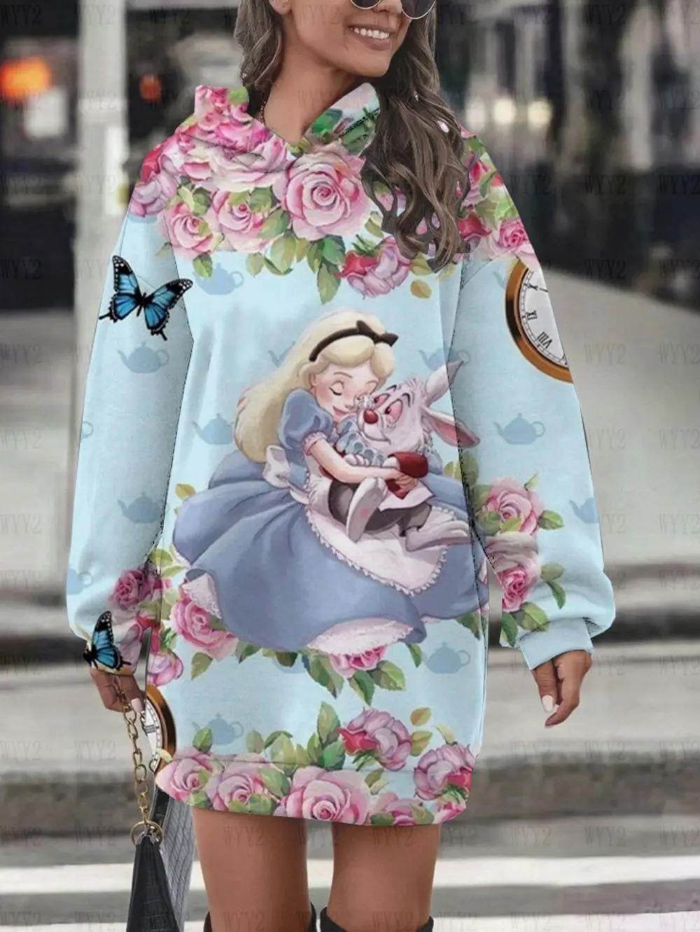 Autumn and Winter Girls Warm Hoodies Disney Alice in Wonderland Print Girls Dreamy Cute Hoodies Dress Fashion Street Clothing