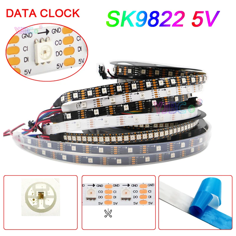 Fita LED Neon Flexível, Faixa Endereçável, SK9822, SMD 5050, Pixels RGB, 30, 60, 144 LEDs, m, DATA and CLOCK, Envolvido individualmente, APA102, 5V