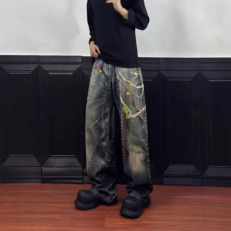 WTHT แฟชั่น 2025 ฤดูร้อนผู้ชาย Spliced CHAIN DO Pld ออกแบบ DENIM กางเกง VINTAGE High Street ตรงกางเกงยีนส์ขากว้างชาย 2A1109