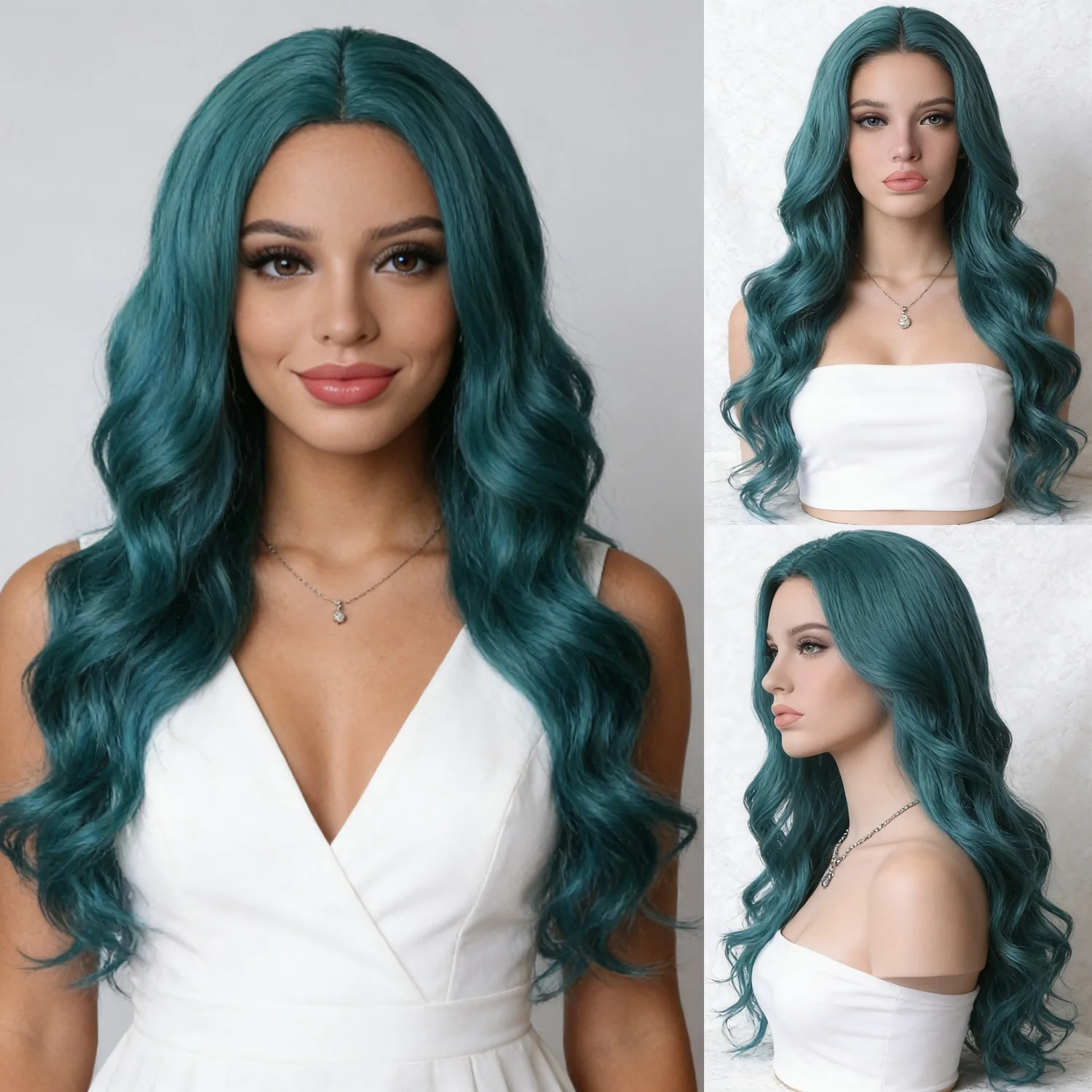 Teal Green Long Wavy Wig for Women, Middle Part Body Wave Synthetic Hair Wig Heat Resistant Wig for Cosplay Party  Daily Wear