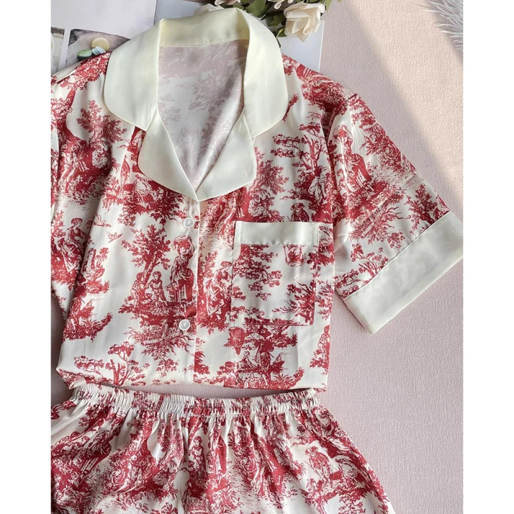 Elegant China Style Print Red Women\'s Pajamas Short Sleeve Shorts Simulated Silk House Clothes 2024 Summer Female Casual Lounge