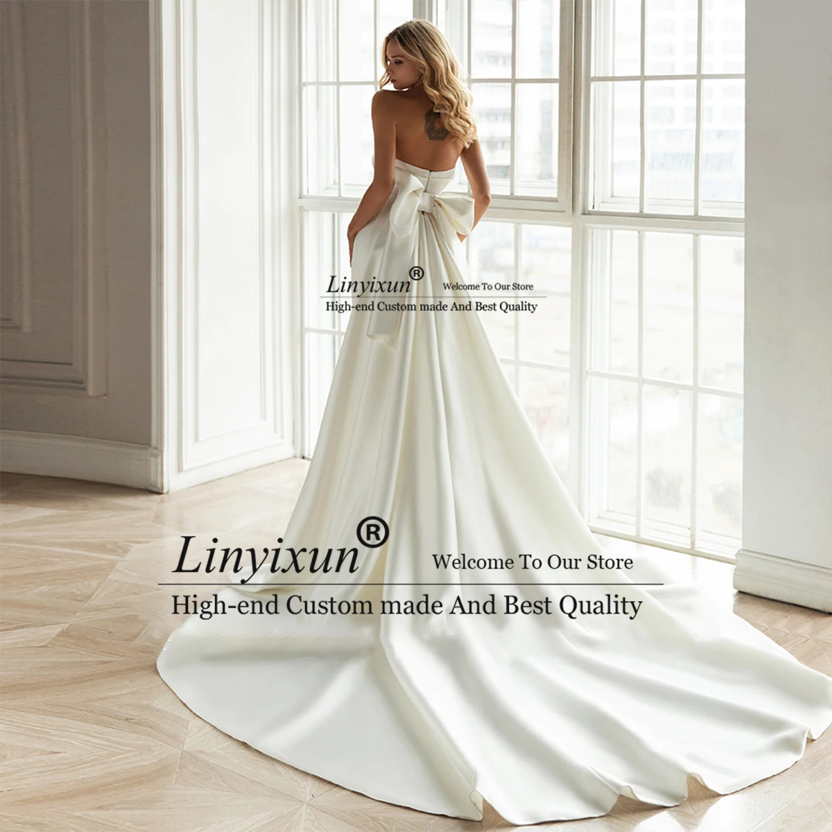 Customized Simple Satin Wedding Dress With Detachable Train Bridal Gown Strapless Back Bow Vestido De Noiva Sereia 2023