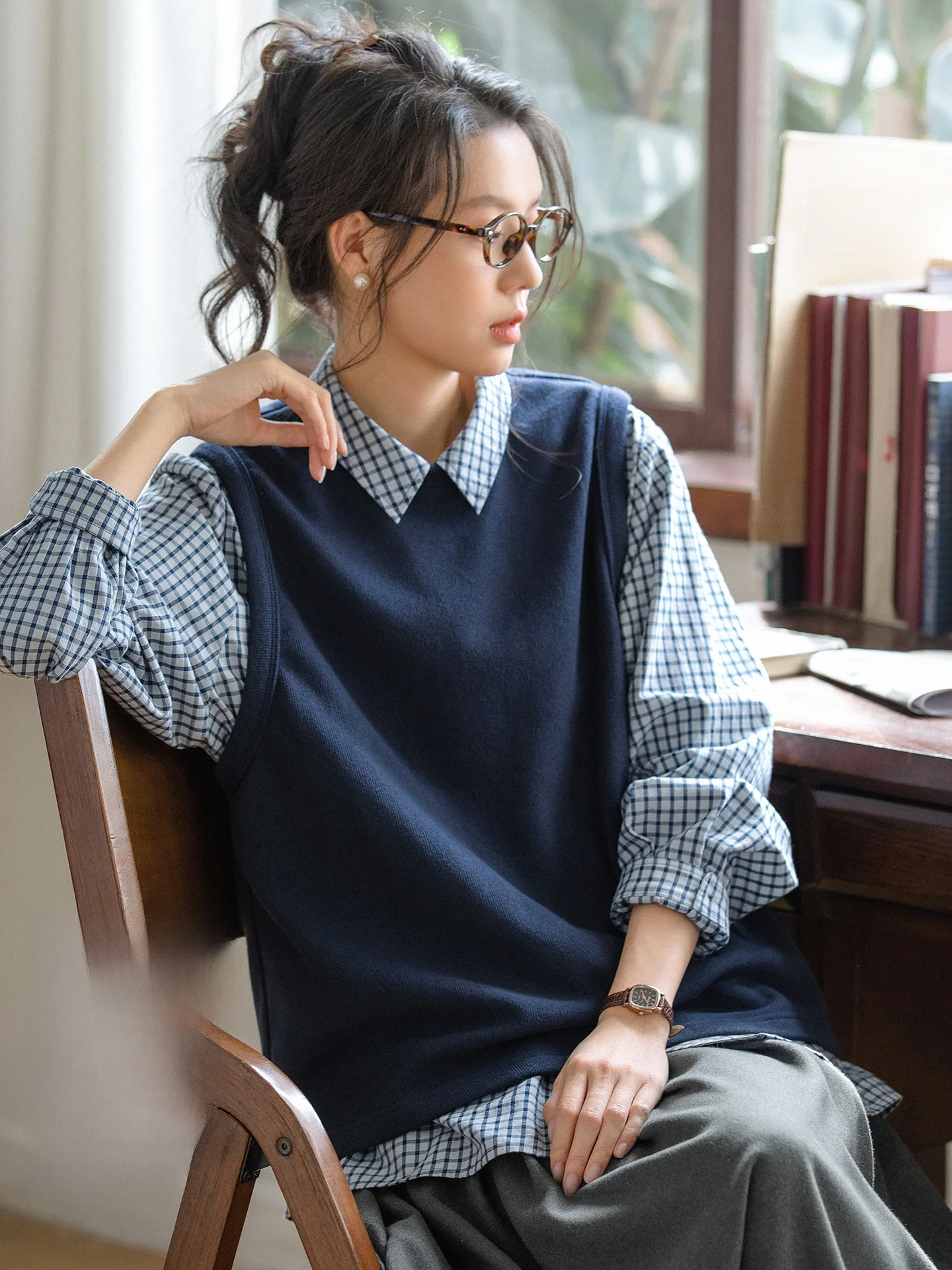 

Loose Fit Knitted Vest Women's round Ne Svel Tank Top Original Japanese Sle Baby Blue Cotton Blend Commute Wear