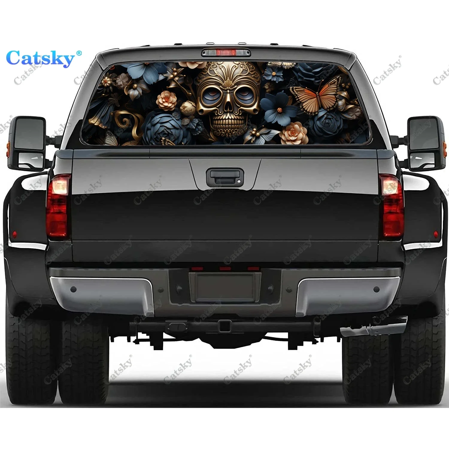 Skull Full Flower and Leaf Rear Window Decal Fit Pickup,Truck,Car Universal See Through Perforated Back Window Vinyl Sticker