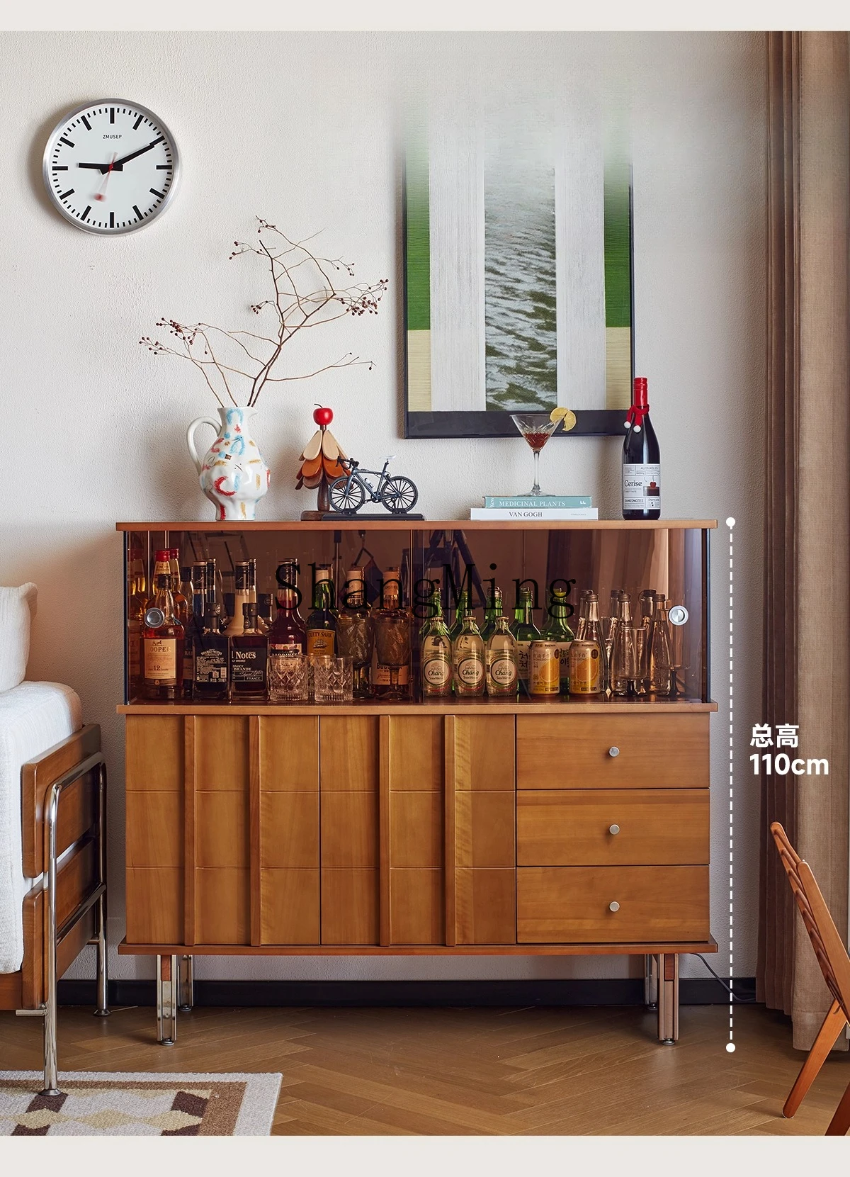 

CL Retro Solid Wood Cabinet Low Cabinet Storage Sideboard Glass Wine Living Room Display Vintage Side Cabinet