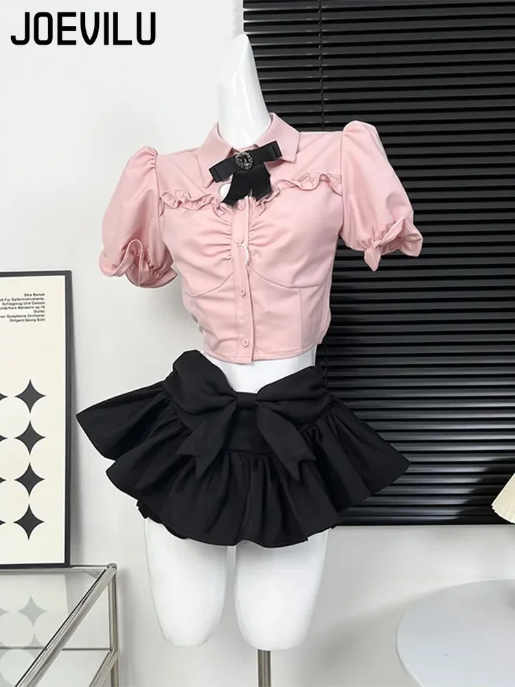 Summer Girls' Skirt Set Babes Pink Sweet Love Short Sleeve Shirt High Waisted Black Puffy Mini Skirt Two Piece Sets Y2k Outfits