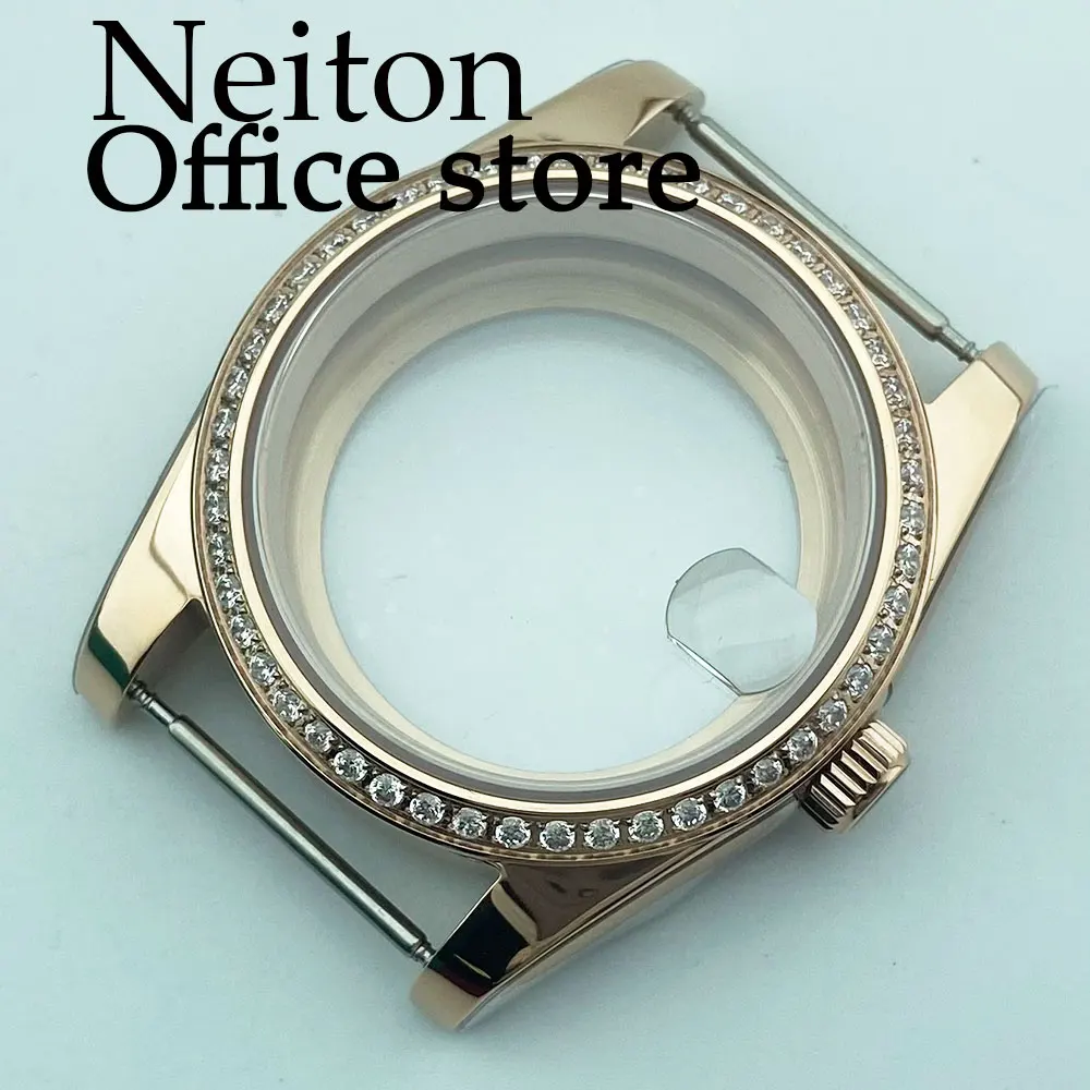 NEITON 36mm/39mm rose gold watch case sapphire glass gemstone bezel fit NH35 NH36 NH34 ETA2824 PT5000 movement